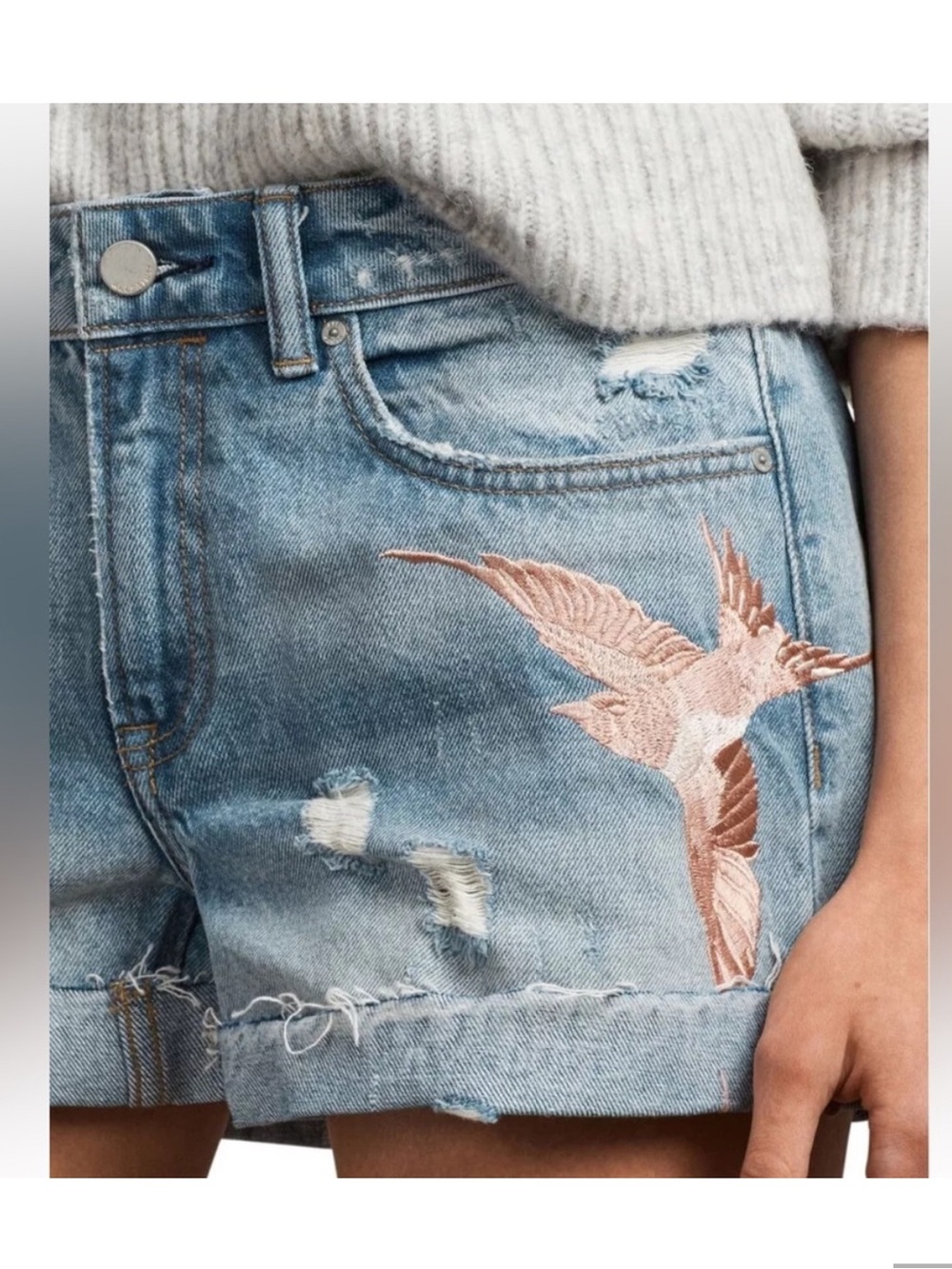 ALL SAINTS Pam indigo denim Shorts. Pink bird embroidery 32 EUC
